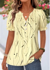 Yellow Geometric Print Frill Short Sleeve Split Neck Blouse