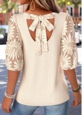 Beige Bowknot Half Sleeve Round Neck T Shirt