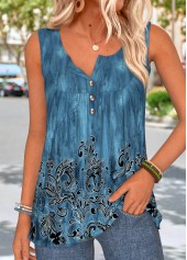 Peacock Blue Tribal Print Patchwork Sleeveless Tank Top