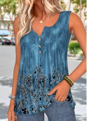 Peacock Blue Tribal Print Patchwork Sleeveless Tank Top | thumb picture 