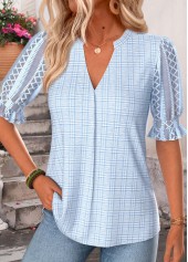 Blue Plaid Shirred Half Sleeve Split Neck Blouse