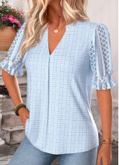 Blue Plaid Shirred Half Sleeve Split Neck Blouse | thumb picture 