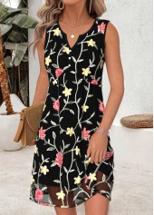 Black Floral Print Short Tummy Coverage Sleeveless Dress