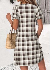 Dark Coffee Plaid Short Tuck Stitch V Neck Dress | thumb picture 