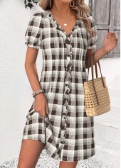Dark Coffee Plaid Short Tuck Stitch V Neck Dress | thumb picture 