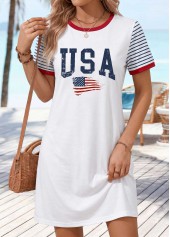 White Letter Print Short Contrast Piping Round Neck Dress