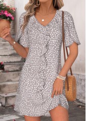 Grey Polka Dot Short Ruffle V Neck Dress