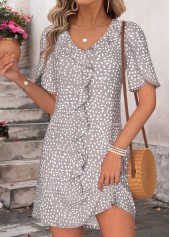 Grey Polka Dot Short Ruffle V Neck Dress | thumb picture 