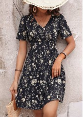 Black Floral Print Short Surplice V Neck Dress