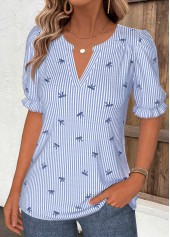 Blue Striped Curved Hem Short Sleeve Split Neck Blouse | thumb picture 