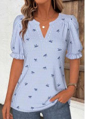 Blue Striped Curved Hem Short Sleeve Split Neck Blouse