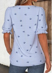 Blue Striped Curved Hem Short Sleeve Split Neck Blouse | thumb picture 