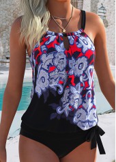 Black Mid Waisted Bowknot Tribal Print Tankini Set