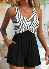 Black Criss Cross Striped One Piece Swimwear