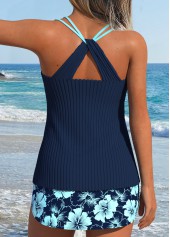 Navy Mid Waisted Lace Up Floral Print Tankini Set | thumb picture 