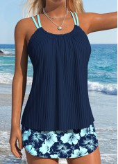 Navy Mid Waisted Lace Up Floral Print Tankini Set | thumb picture 