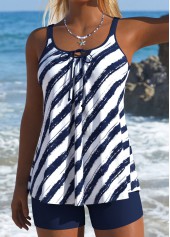 Navy Mid Waisted Lace Up Striped Tankini Set | thumb picture 