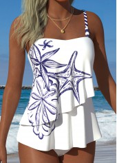 White Mid Waisted Layered Marine Life Print Tankini Set