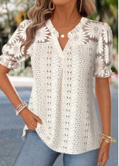 Beige Patchwork Short Sleeve Split Neck Blouse