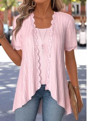 Pink Two-piece Short Sleeve Cardigan and Tank Top
