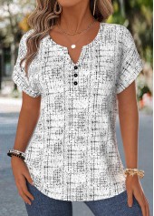 Raw White Geometric Print Tummy Coverage Short Sleeve Blouse