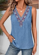 Denim Blue Tribal Print Sleeveless V Neck Tank Top