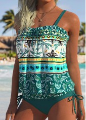 Turquoise Mid Waisted Tie Tribal Print Tankini Set