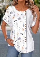 White Floral Print Button Short Sleeve T Shirt | thumb picture 