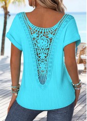 Cyan Patchwork Short Sleeve Boat Neck T Shirt
