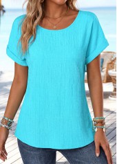 Cyan Patchwork Short Sleeve Boat Neck T Shirt | thumb picture 