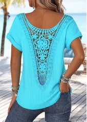 Cyan Patchwork Short Sleeve Boat Neck T Shirt | thumb picture 