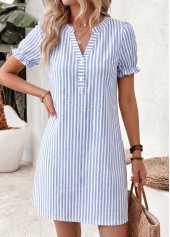 Blue Striped Short Double Side Pockets Split Neck Dress | thumb picture 