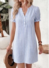 Blue Striped Short Double Side Pockets Split Neck Dress | thumb picture 
