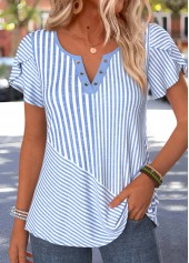 Blue Striped Eyelet Short Sleeve Split Neck T Shirt