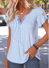 Blue Striped Eyelet Short Sleeve Split Neck T Shirt | thumb picture 