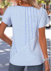 Blue Striped Eyelet Short Sleeve Split Neck T Shirt | thumb picture 