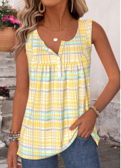 Light Yellow Plaid Shirred Sleeveless Round Neck Tank Top
