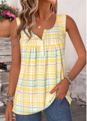 Light Yellow Plaid Shirred Sleeveless Round Neck Tank Top | thumb picture 