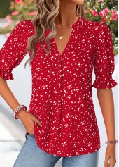 Red Geometric Print Shirred Half Sleeve Split Neck Blouse | thumb picture 