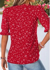Red Geometric Print Shirred Half Sleeve Split Neck Blouse | thumb picture 