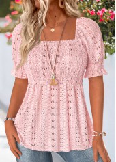 Light Pink Smocked Short Sleeve Square Neck Blouse