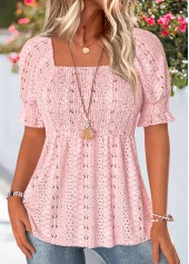 Light Pink Smocked Short Sleeve Square Neck Blouse | thumb picture 