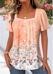 Orange Floral Print Tummy Coverage Short Sleeve Blouse
