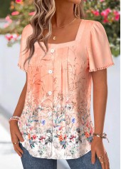 Orange Floral Print Tummy Coverage Short Sleeve Blouse | thumb picture 