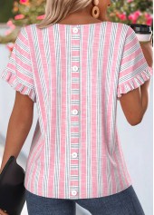 Pink Striped Frill Short Sleeve Round Neck T Shirt