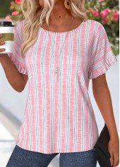 Pink Striped Frill Short Sleeve Round Neck T Shirt | thumb picture 