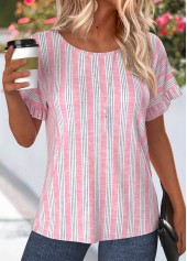 Pink Striped Frill Short Sleeve Round Neck T Shirt | thumb picture 