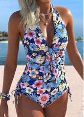 Blue Drawstring Floral Print One Piece Swimwear