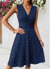 Blue Geometric Print Surplice Sleeveless V Neck Dress
