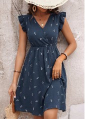 Navy Floral Print Shirred Short Sleeve V Neck Dress